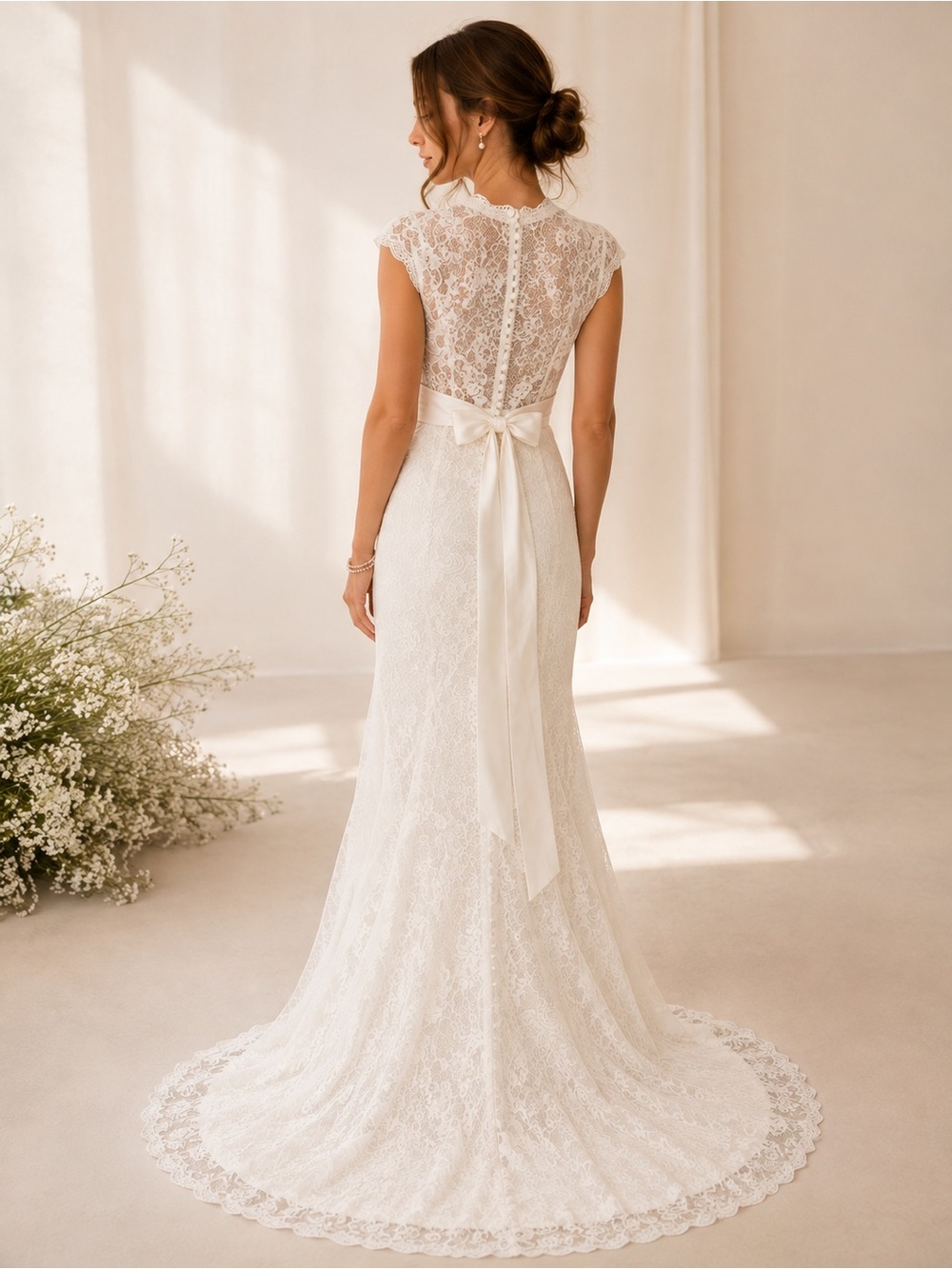 Ivory Lace Wedding Dress Cap Sleeve Bridal Gown w Train & Button Back Rbinestone